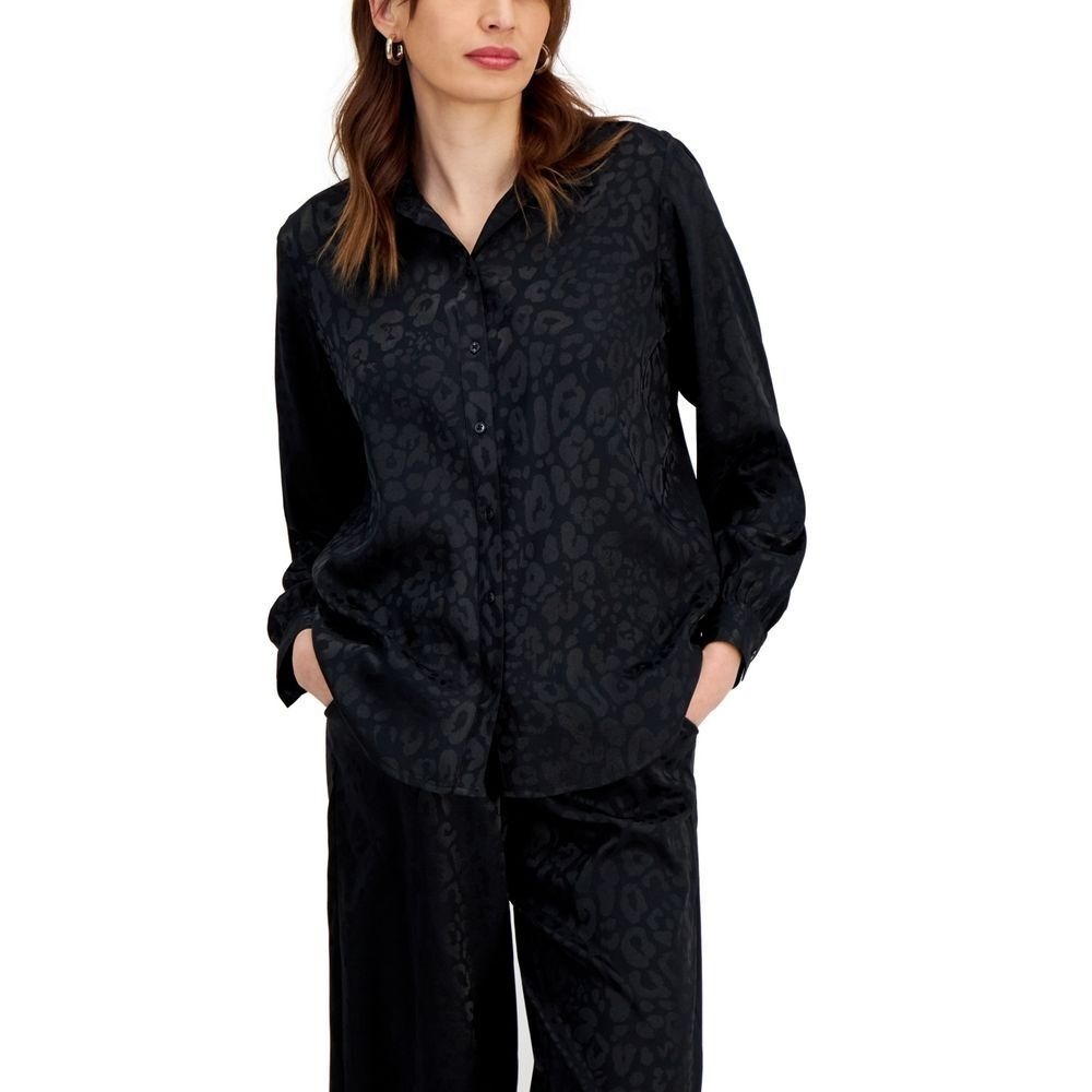 JM Collection Leopard Jacquard Button Down‎ Shirt Women Large Black Animal Print